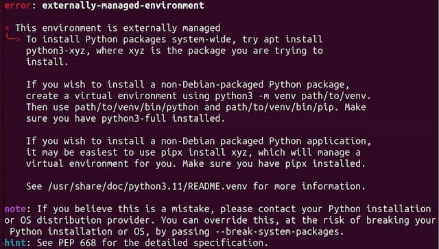 Python paketlerini yüklemeye çalışırken aşağıdaki gibi bir hata alıyorsanız, sisteminiz "externally-managed-environment" olarak yapılandırılmıştır: